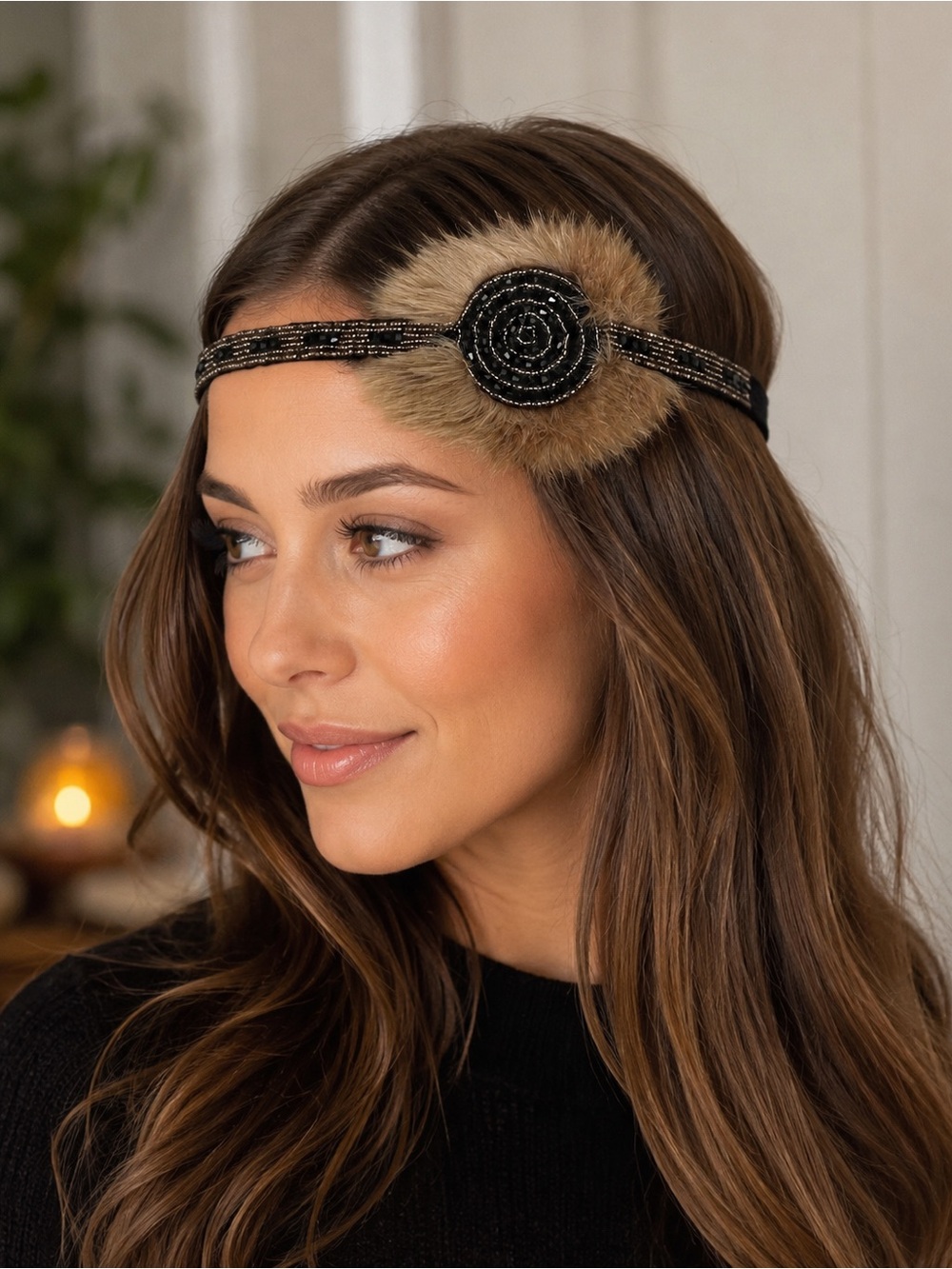 Beaded Black Headband with Brown Fur Rosette